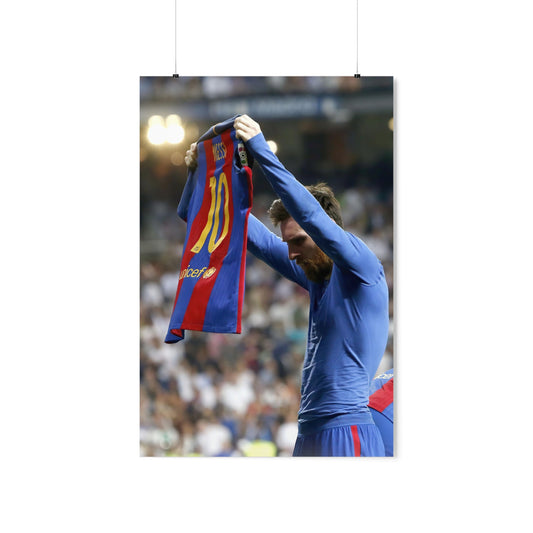 Lionel Messi Raised Barcelona Shirt Celebration Head Down Side View Poster