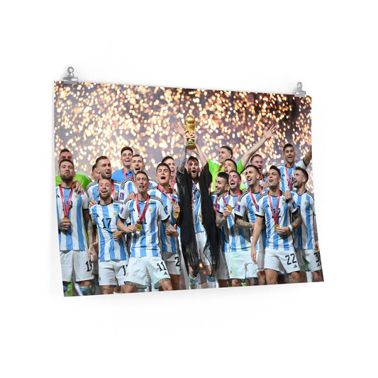 Lionel Messi Lifts World Cup Trophy With Argentina National Team Teammates On Podium Poster