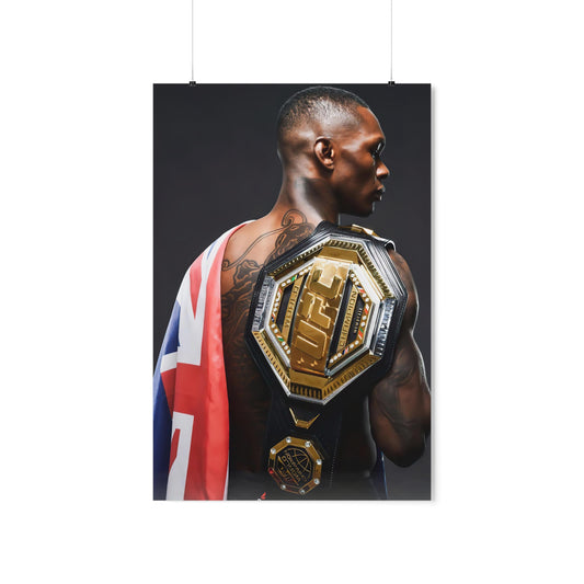 UFC Middleweight Champion Israel Adesanya Posing With Title And New Zealand Flag Poster
