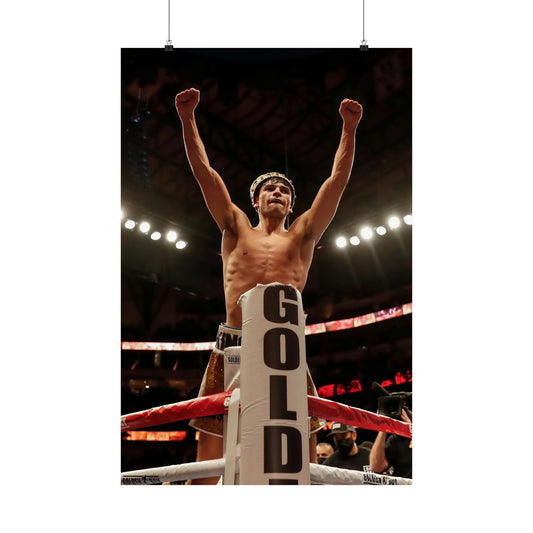 Ryan Garcia Both Hands Raised Celebrating On The Edge Of The Ring Poster