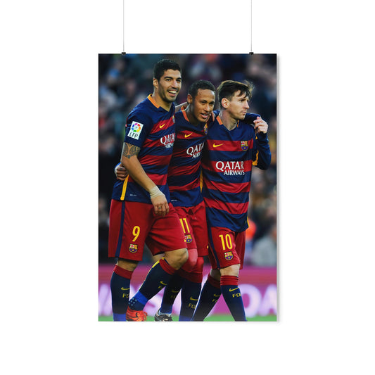 Lionel Messi, Luis Suarez, and Neymar Celebrating With FC Barcelona Poster