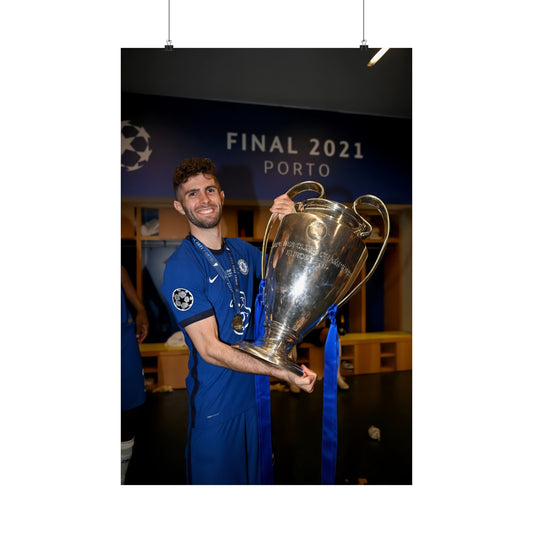 Christian Pulisic Holding Champions League Trophy In Chelsea Dressing Room Poster