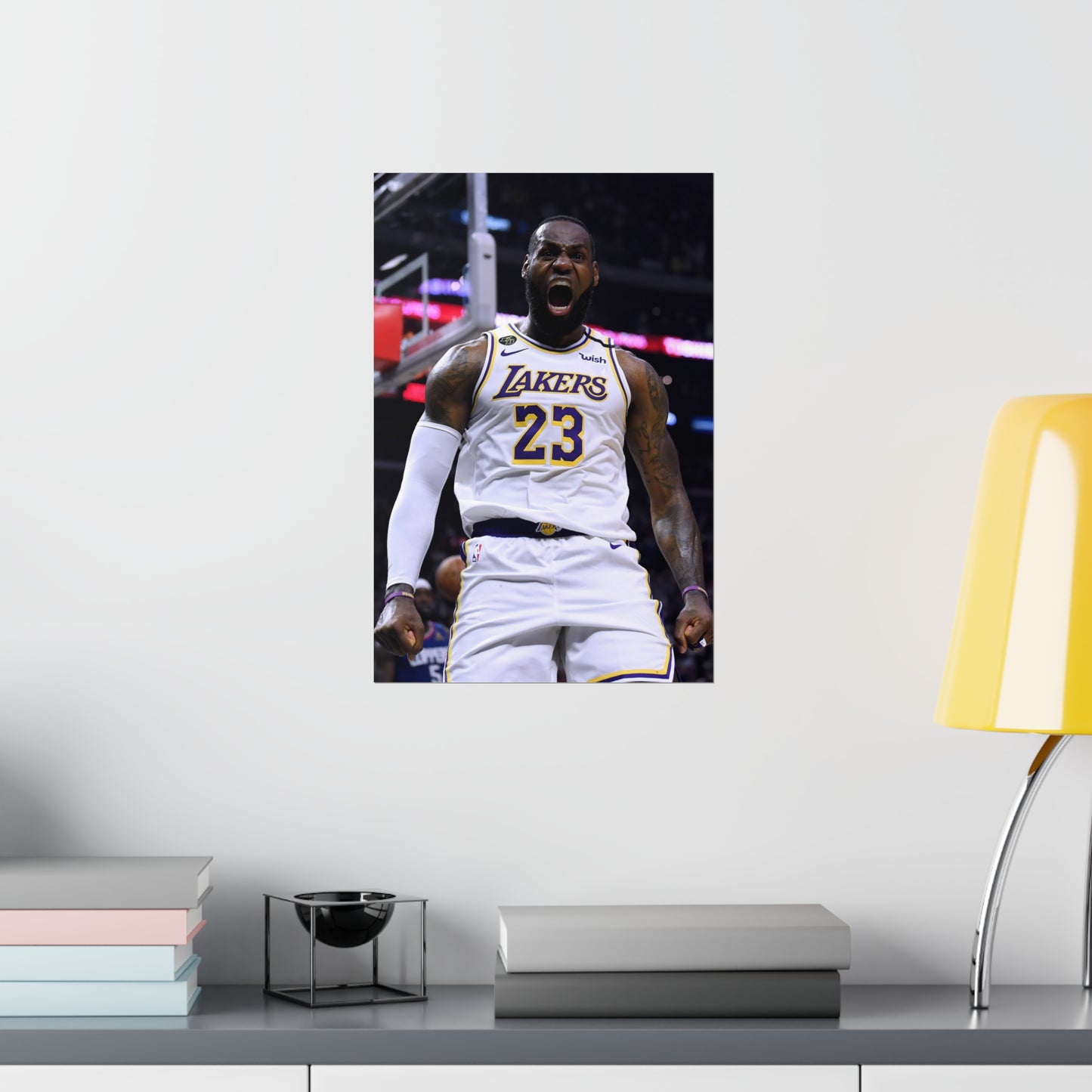 Lebron James Yelling In Celebration In White Los Angeles Lakers 23 Jersey Poster