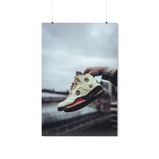 Holding Retro Jordan 5 Off-White Sail Foggy Background Poster