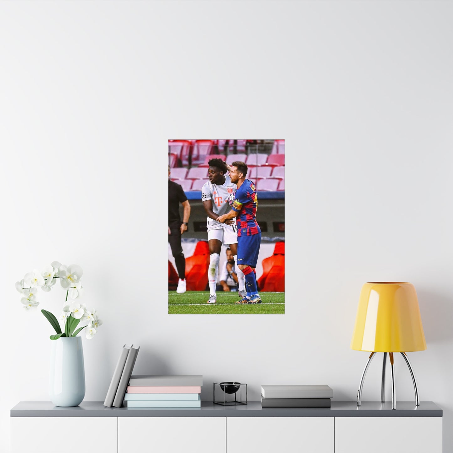 Lionel Messi And Alphonso Davies Interact On The Pitch Poster