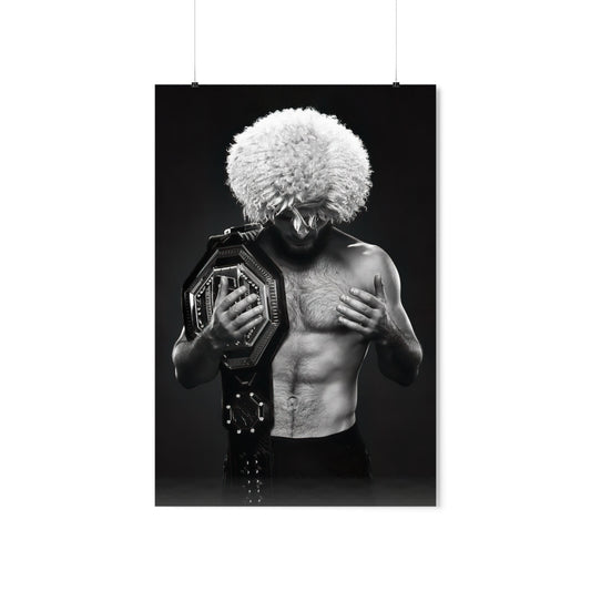UFC Lightweight Champion Khabib Nurmagomedov Posing With Title Poster