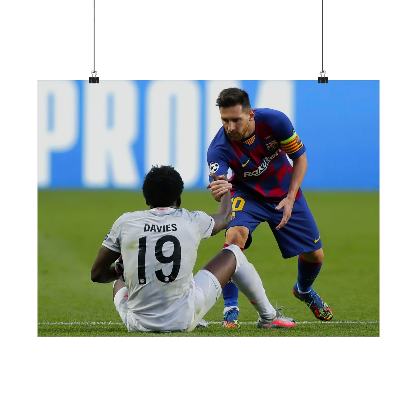 Lionel Messi Helps Up Alphonso Davies During Barcelona v Bayern Munich Poster