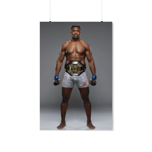 UFC Heavyweight Champion Francis Ngannou Posing With Title Poster
