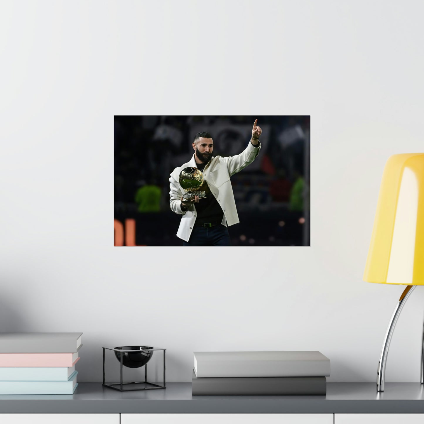 Karim Benzema Displays Ballon D'Or Trophy At Santiago Bernabeu Stadium Poster