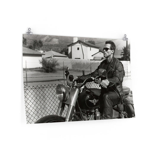 Arnold Schwarzenegger Riding A Motorcycle As The Terminator In Black And White Poster