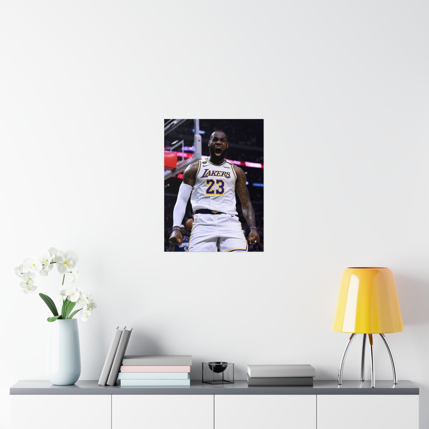 Lebron James Yelling In Celebration In White Los Angeles Lakers 23 Jersey Poster