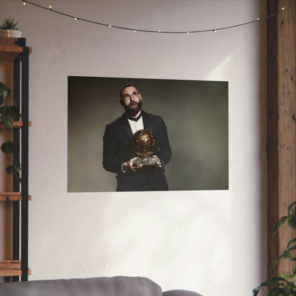 Karim Benzema Holding Ballon D'Or Trophy At Ceremony Emotionally Poster