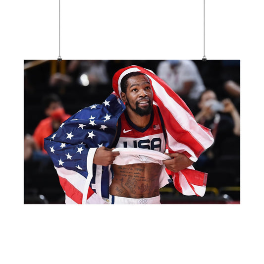 Kevin Durant With An American Flag At The Olympics Poster