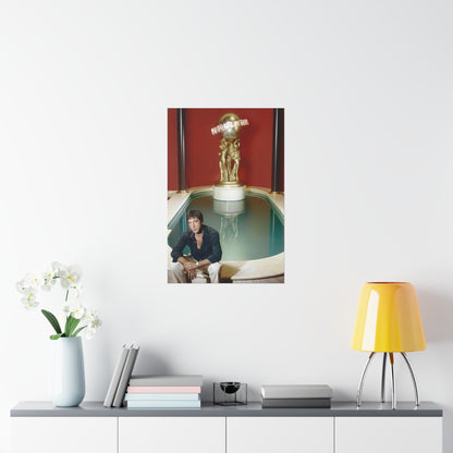 Scarface Tony Montana Sitting In Front Of Iconic The World Is Yours Statue Poster