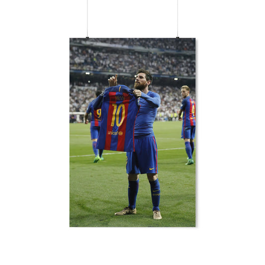 Lionel Messi Raised Barcelona Shirt Celebration Front View Poster