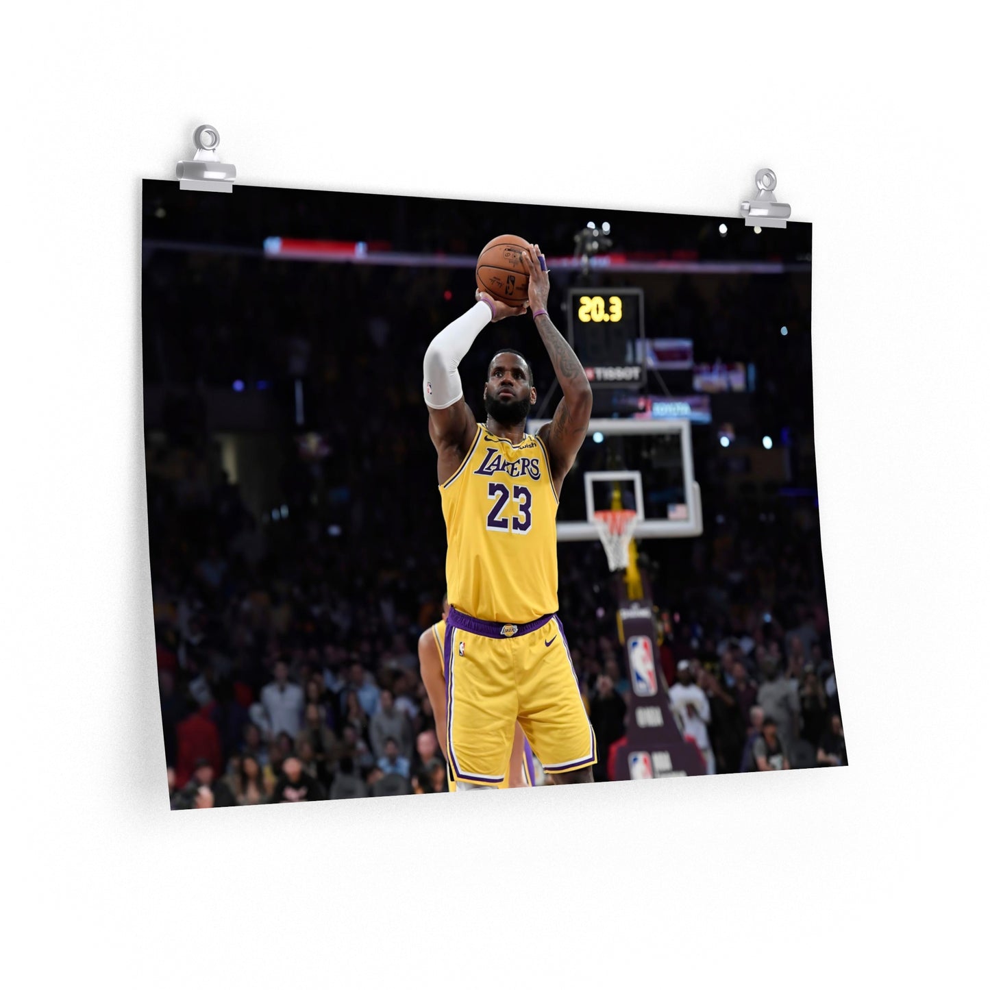 Lebron James Takes A Shot In Los Angeles Lakers 23 Jersey Poster