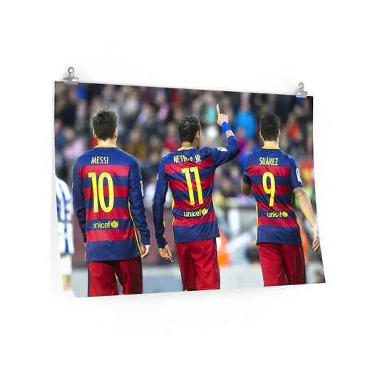 Lionel Messi, Luis Suarez, and Neymar Jr On The Field While Playing For Barcelona Poster