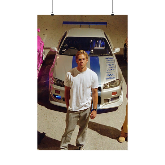 Brian O'Conner In Front Of Iconic Nissan Skyline Fast And The Furious Poster