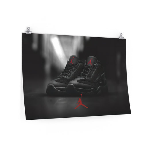 Black Jordans With Red Logo On Black Background Poster