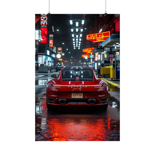 Red Porsche 911 On A Rainy Neon Lit Street Poster
