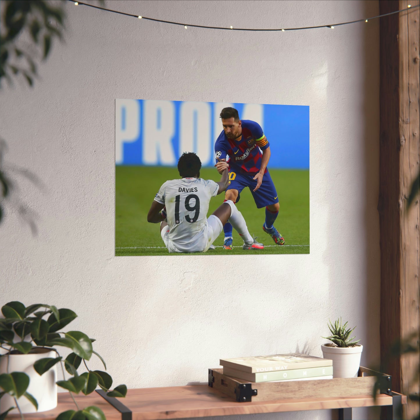 Lionel Messi Helps Up Alphonso Davies During Barcelona v Bayern Munich Poster