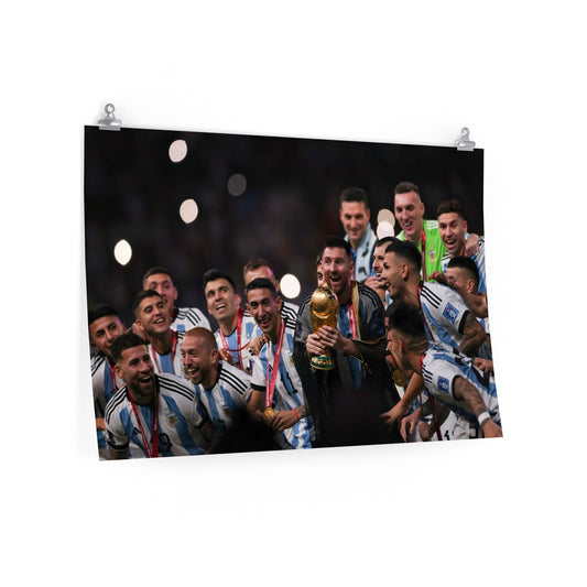 Lionel Messi Lifts World Cup Trophy With Argentina National Team Teammates On Podium Side View Poster
