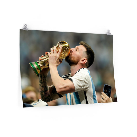 Lionel Messi Kisses World Cup Trophy Iconic Moment Side View Poster
