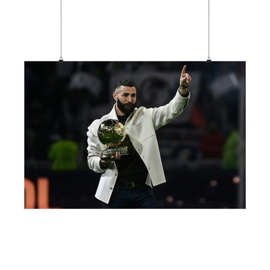 Karim Benzema Displays Ballon D'Or Trophy At Santiago Bernabeu Stadium Poster