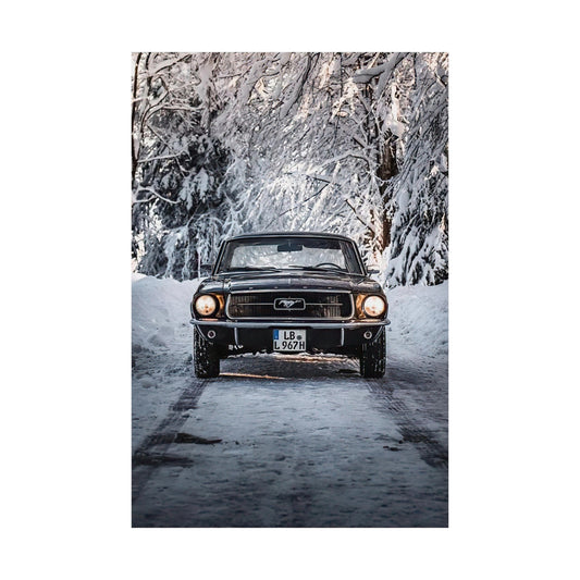 Classic 1st Gen Ford Mustang In A Snow Covered Forest Poster