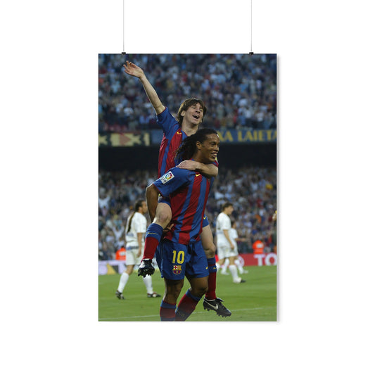 Ronaldinho Carrying Lionel Messi While Celebrating With FC Barcelona Poster